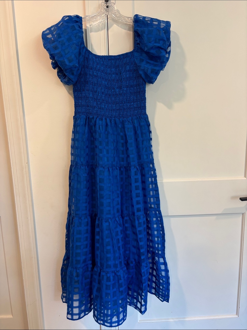 Smocked Puff-Sleeve Blue Dress